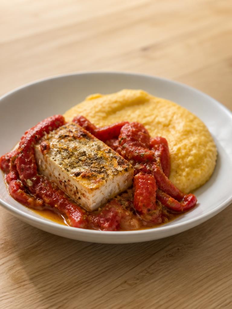 Feta rôtie au poivron et polenta