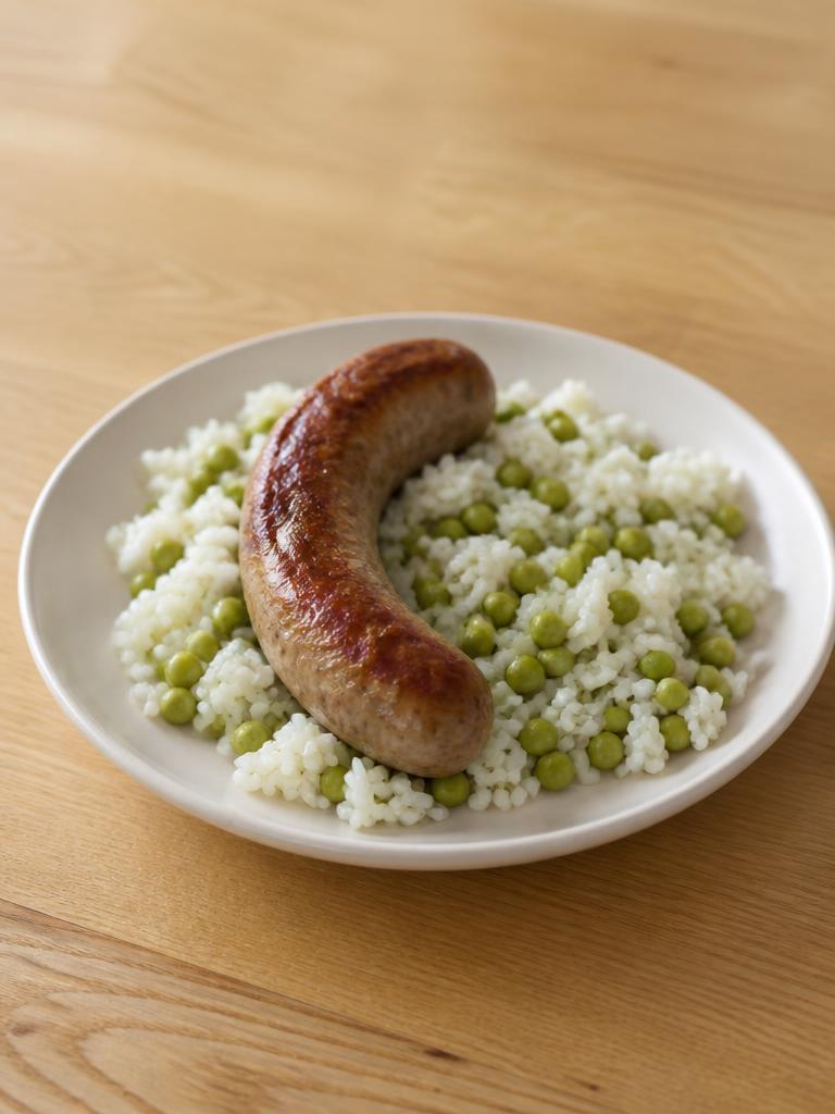 Saucisses de Toulouse, riz et petits pois