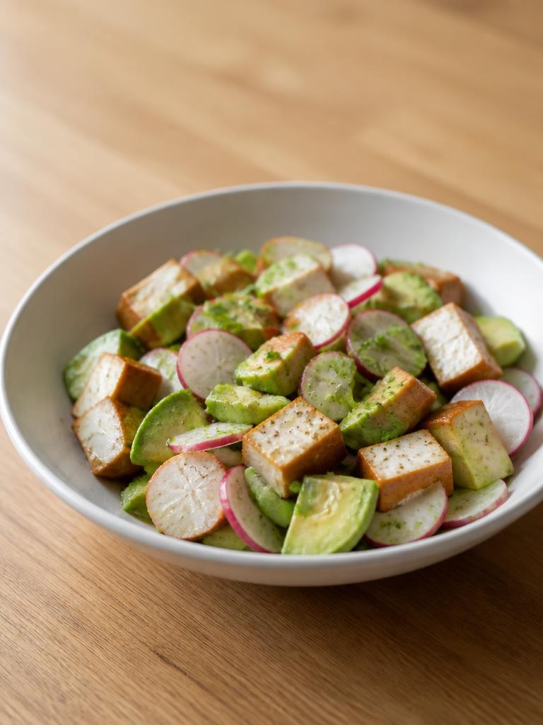 Salade de tofu fumé, radis et avocat
