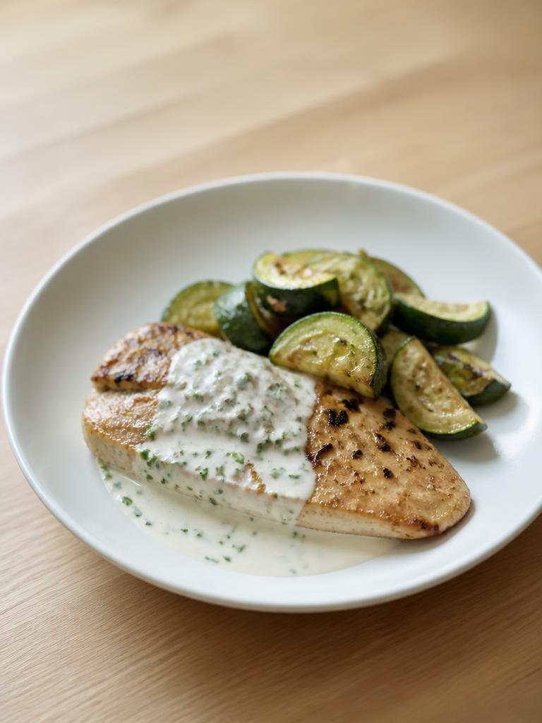 Dinde poêlée, sauce skyr à la ciboulette
