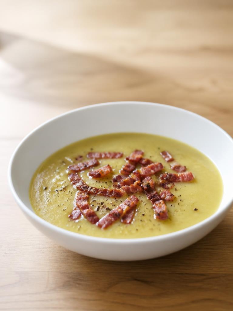 Potage de poireaux aux lardons croustillants