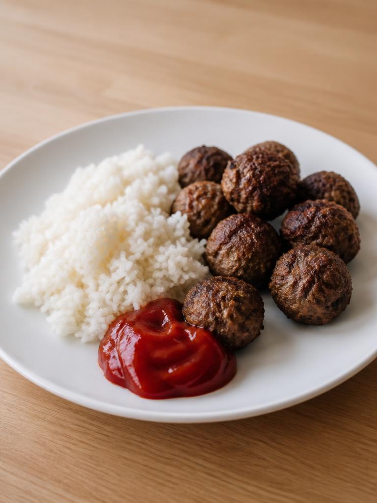 Boulettes de bœuf, riz et ketchup