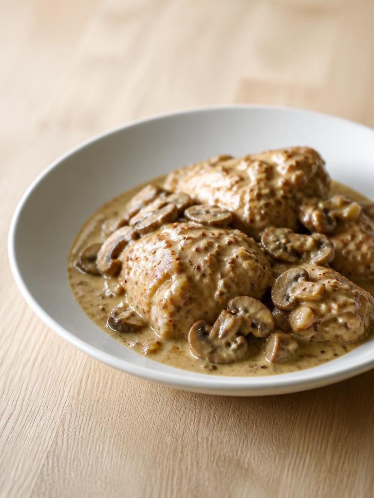 Poulet mijoté à la moutarde et aux champignons