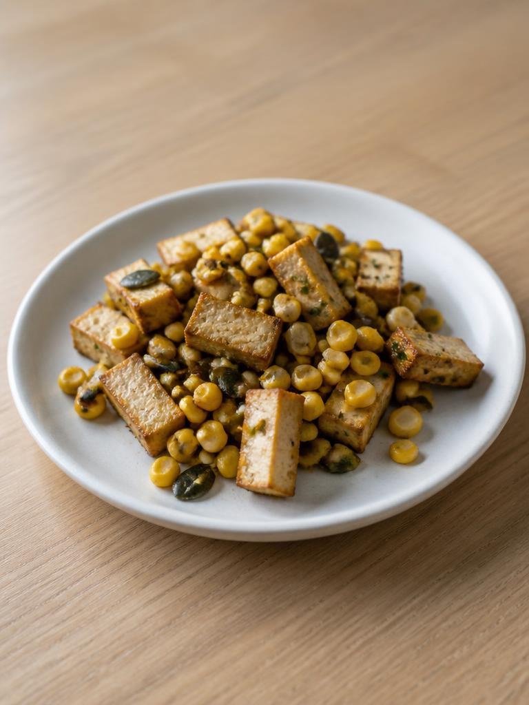 Tofu fumé, maïs et graines de courge