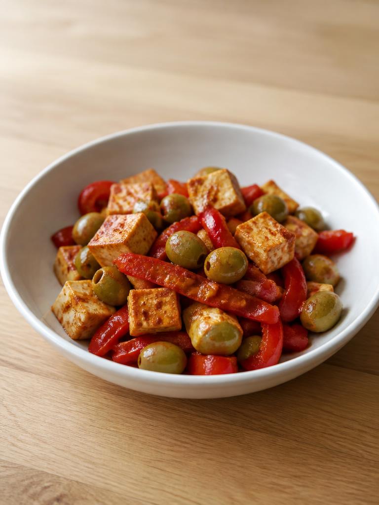 Tofu fumé, poivron et olives au paprika