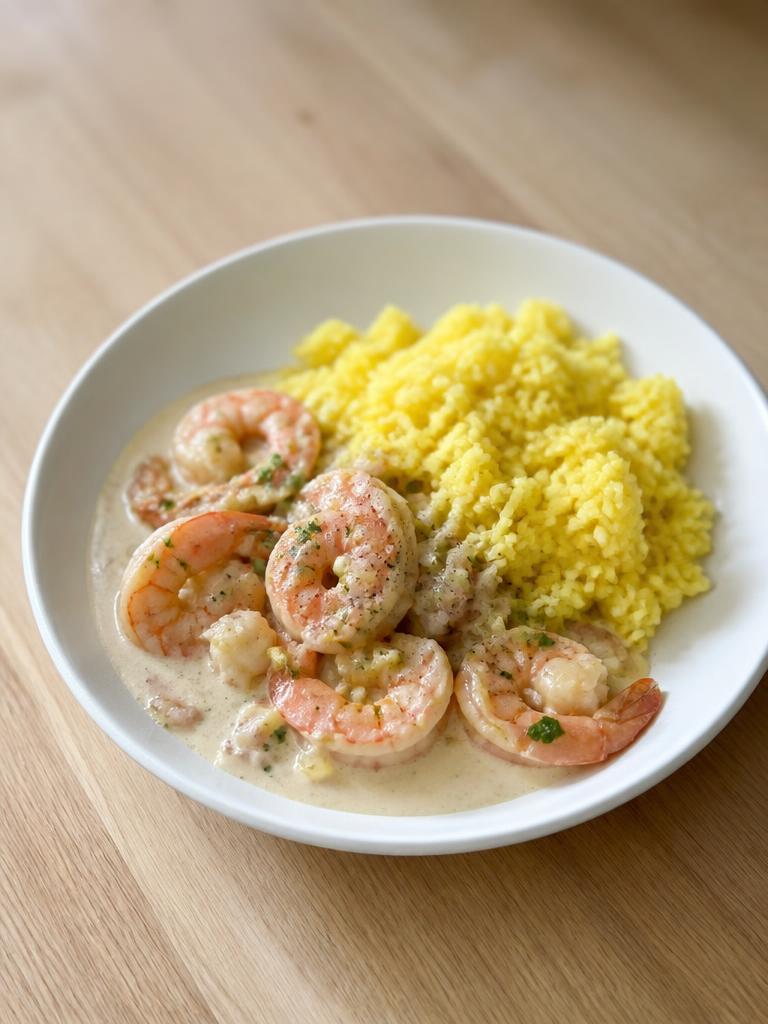 Crevettes au lait de coco et riz au curcuma