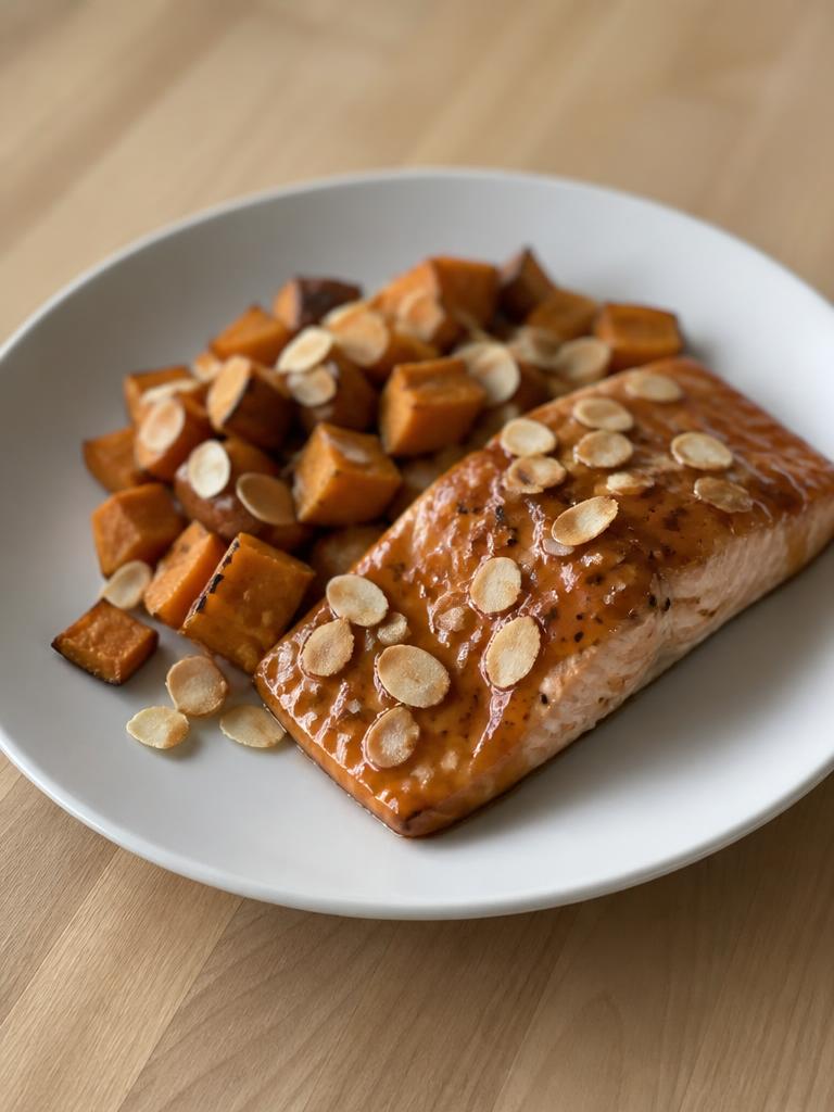 Saumon au miel, patates douces et amandes