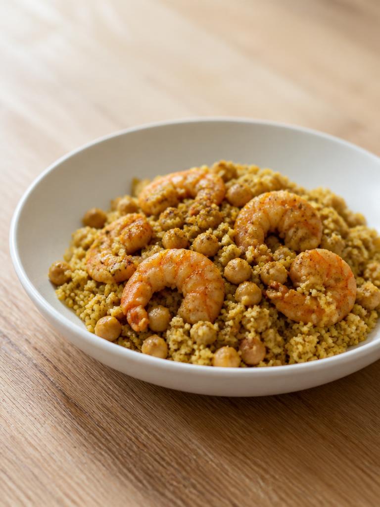 Couscous aux crevettes, pois chiches et cumin