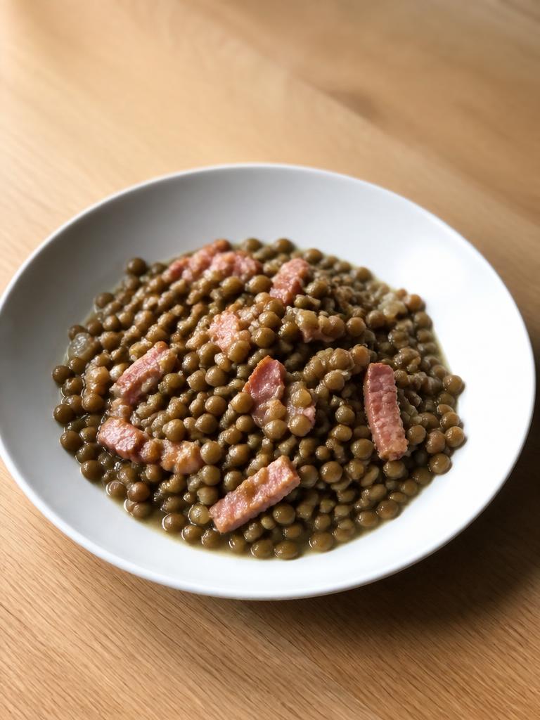 Lentilles vertes mijotées aux lardons