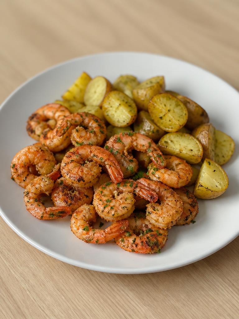 Crevettes panées à l'ail et pommes de terre