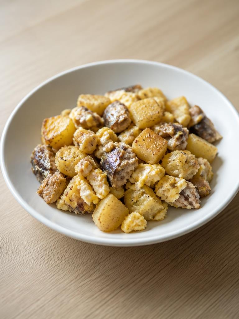 Poêlée de pommes de terre, œufs et sardines