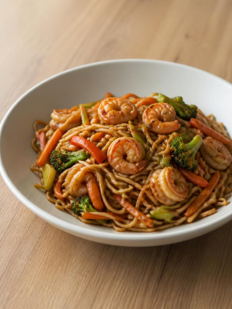 Nouilles sautées aux crevettes et légumes