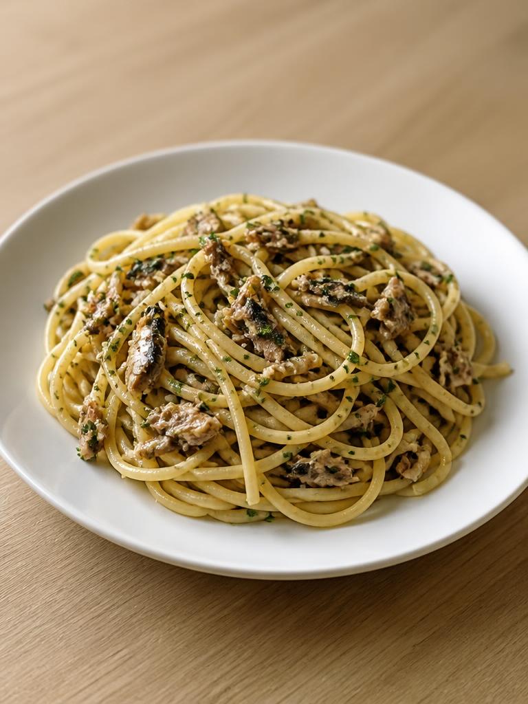 Spaghetti aux sardines, ail et persil