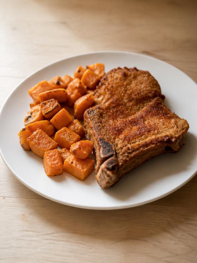 Côtes de porc panées et patates douces