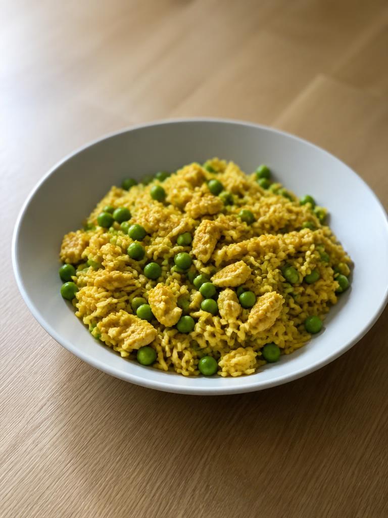 Riz au curry, œufs brouillés et petits pois