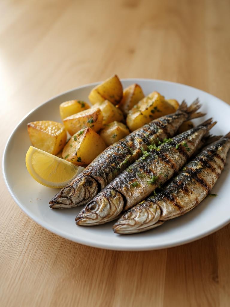 Sardines grillées, pommes de terre et citron