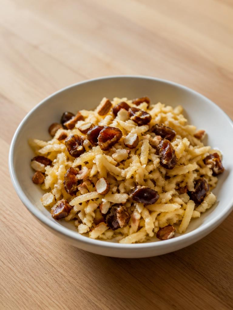 Bol de pomme râpée, amandes et dattes