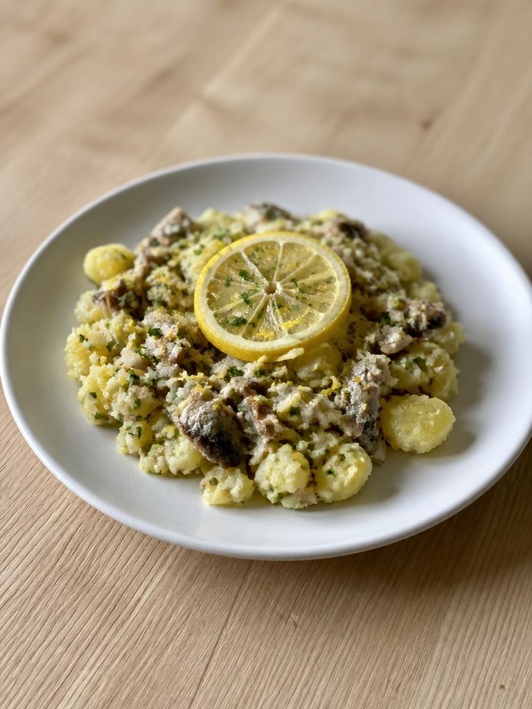 Pommes de terre écrasées aux sardines et citron