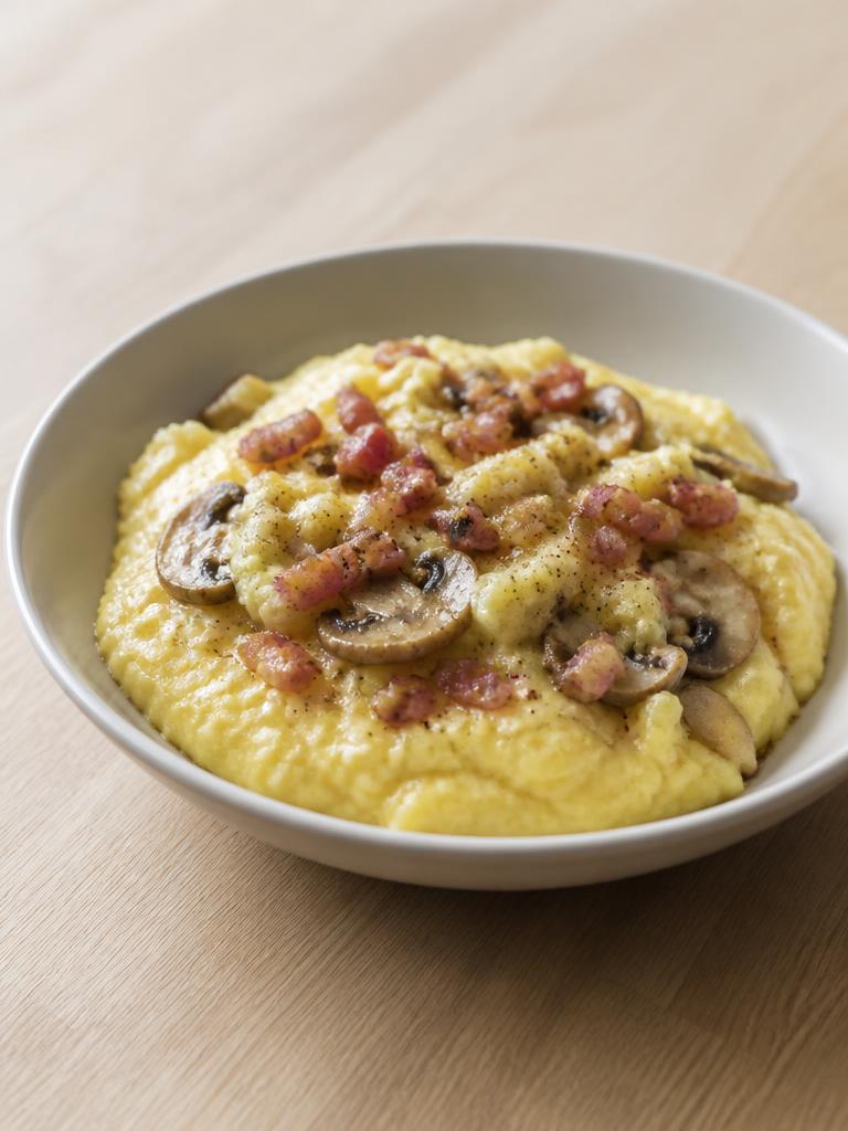 Polenta crémeuse aux lardons et aux champignons