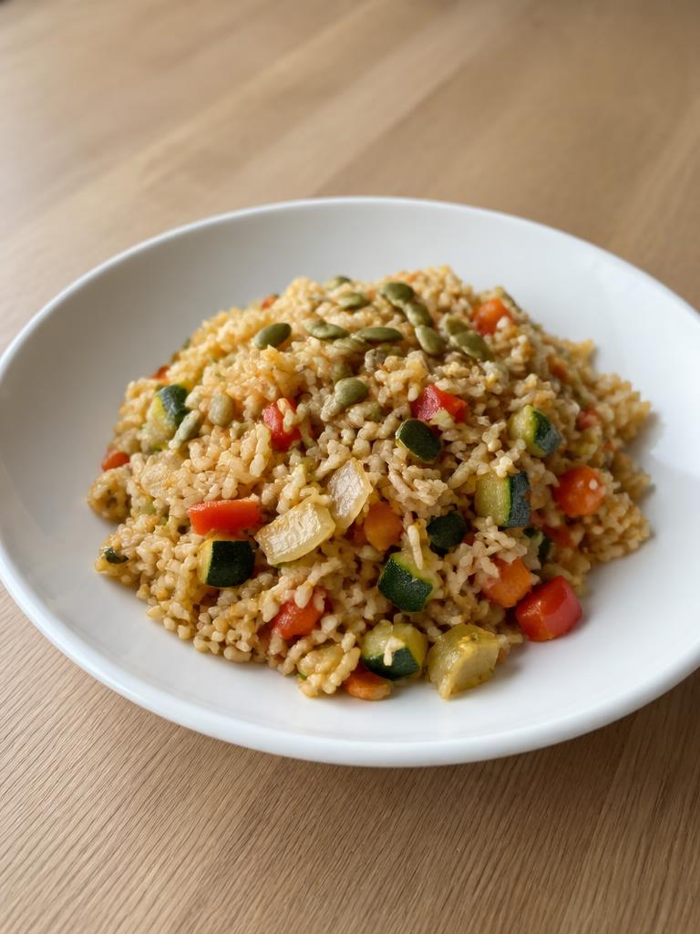 Riz sauté aux graines de courge et légumes