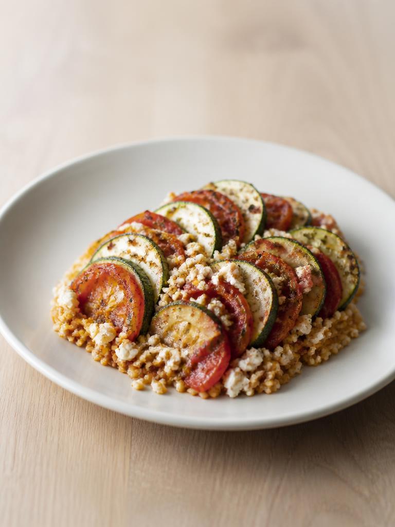 Tian de courgettes et tomates au boulgour et feta