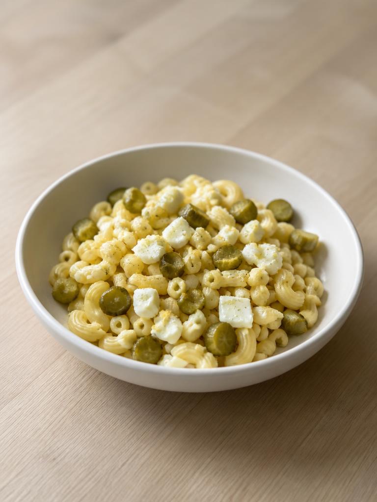 Boîte de coquillettes, œufs durs et cornichons
