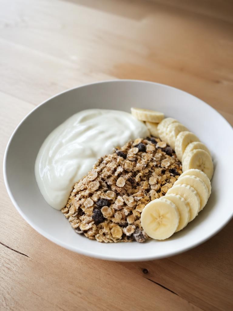 Yaourt nature, muesli et banane