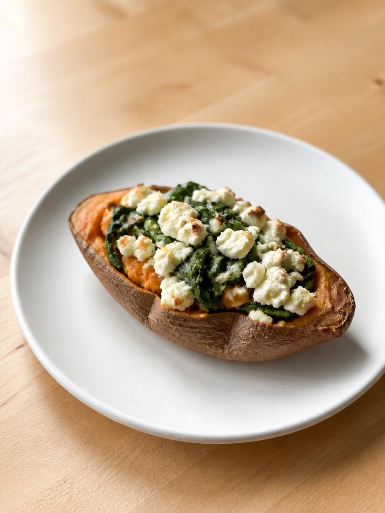 Patate douce garnie à la feta et aux épinards