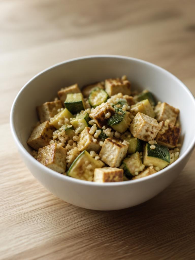 Bol de boulgour au tofu fumé et courgettes