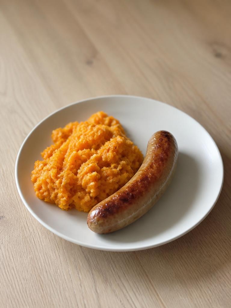 Chipolatas et écrasé de carottes à la moutarde