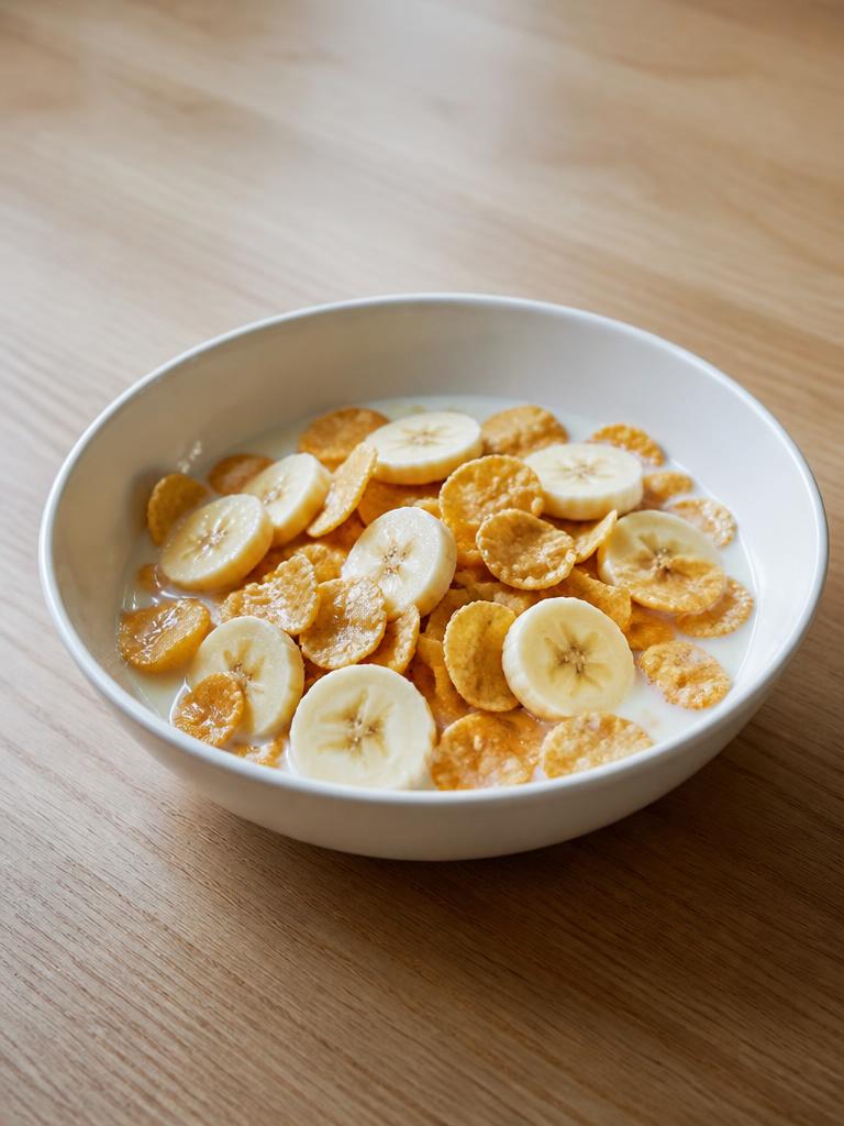 Corn flakes, lait et banane