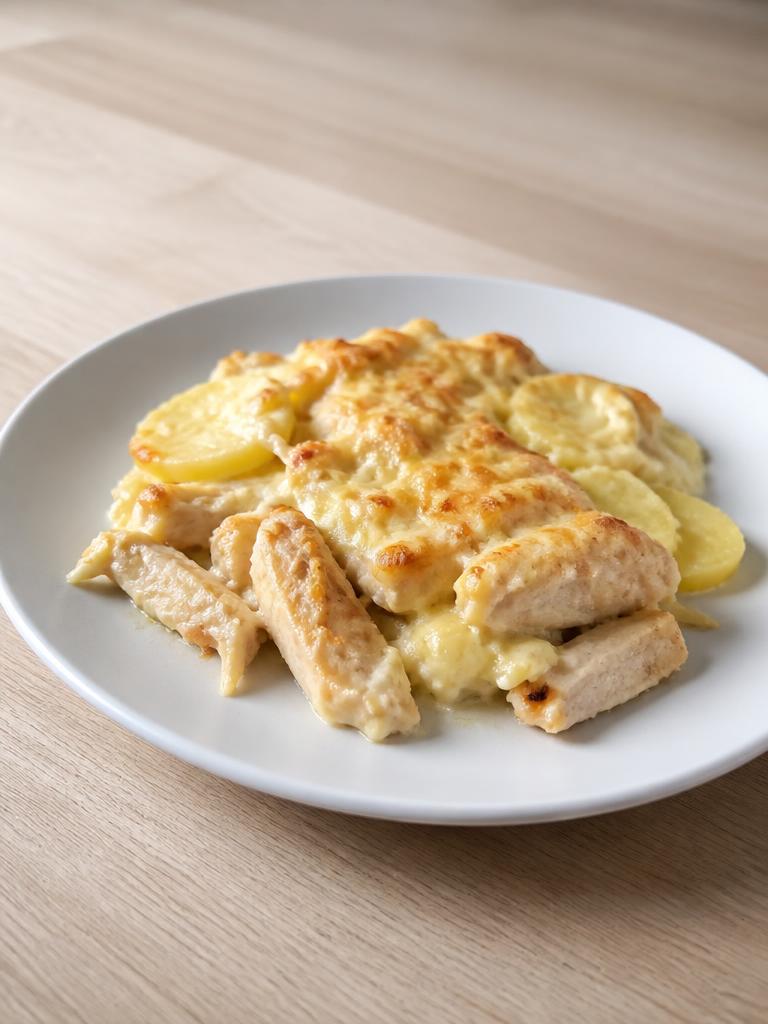 Émincé de poulet, pommes de terre et emmental