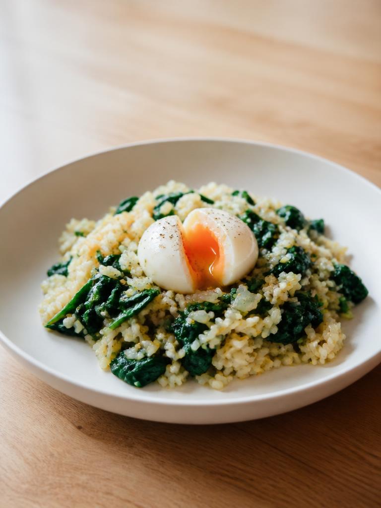 Riz poêlé aux épinards et oeuf mollet