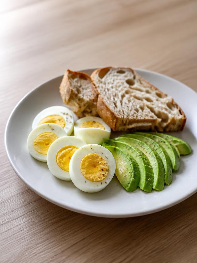 Œufs durs, avocat et pain