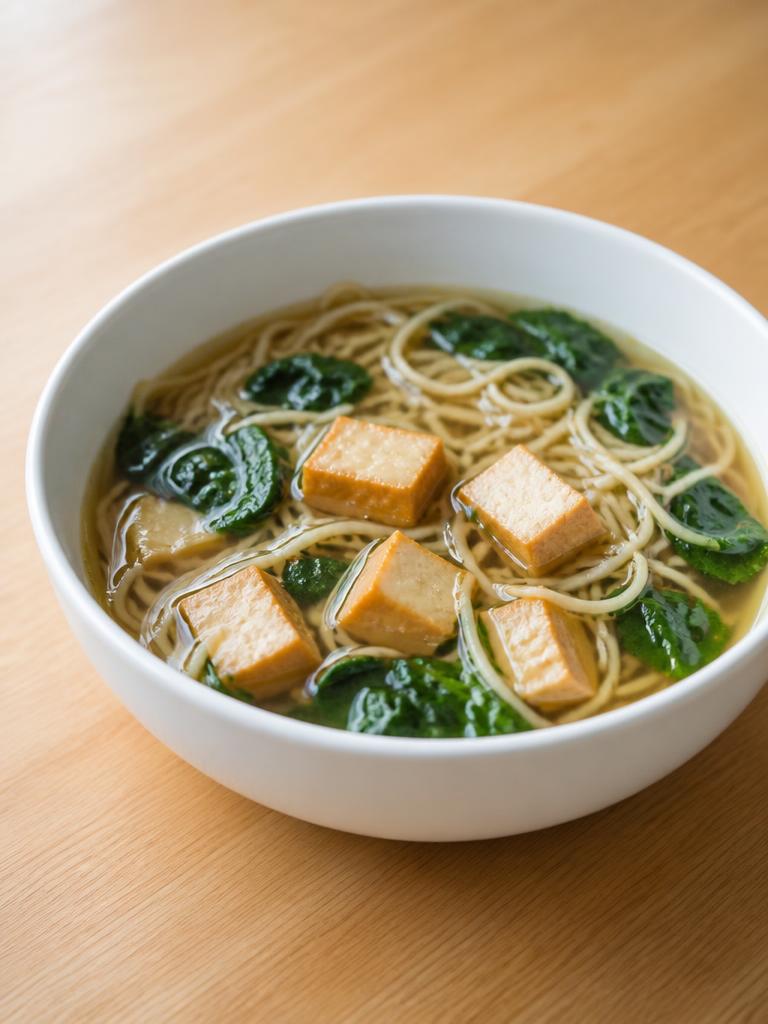 Bouillon de tofu fumé aux nouilles et épinards