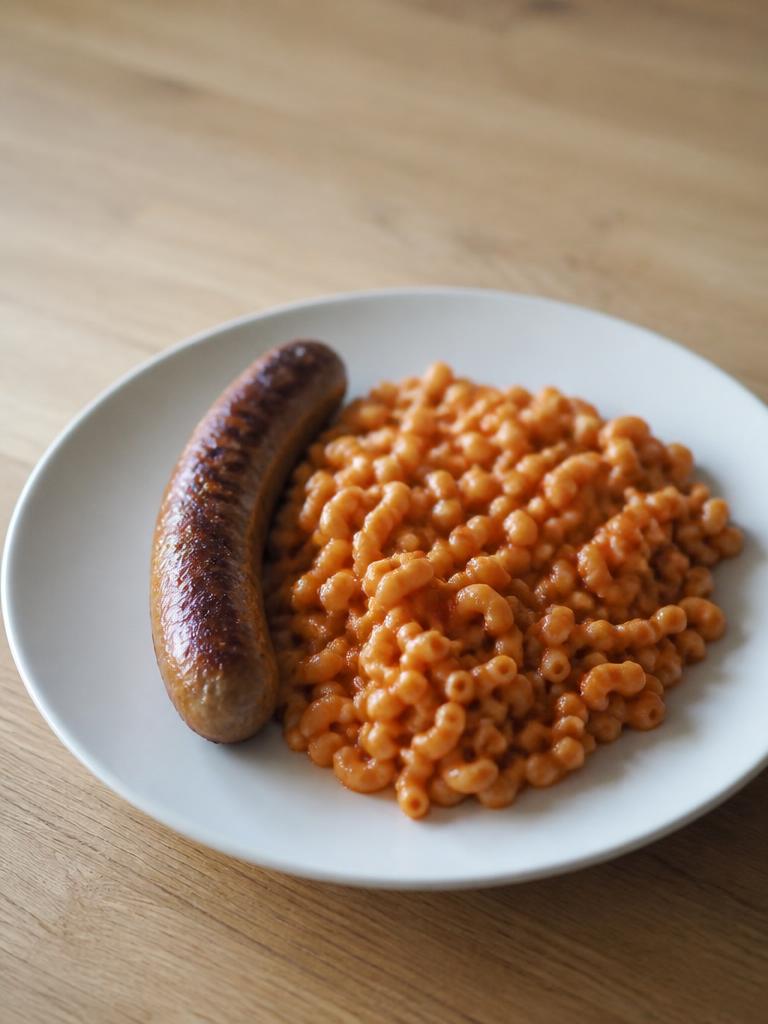 Chipolatas et coquillettes à la tomate