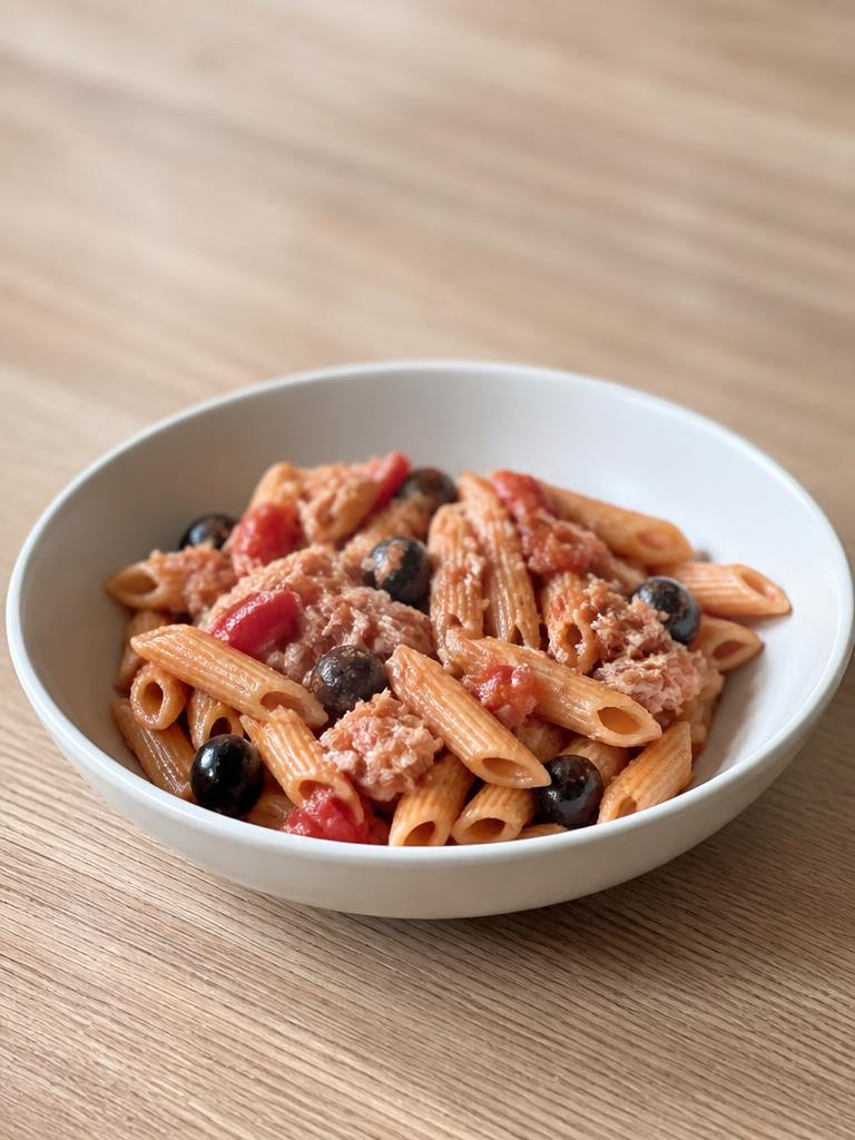Penne au thon, olives et tomate
