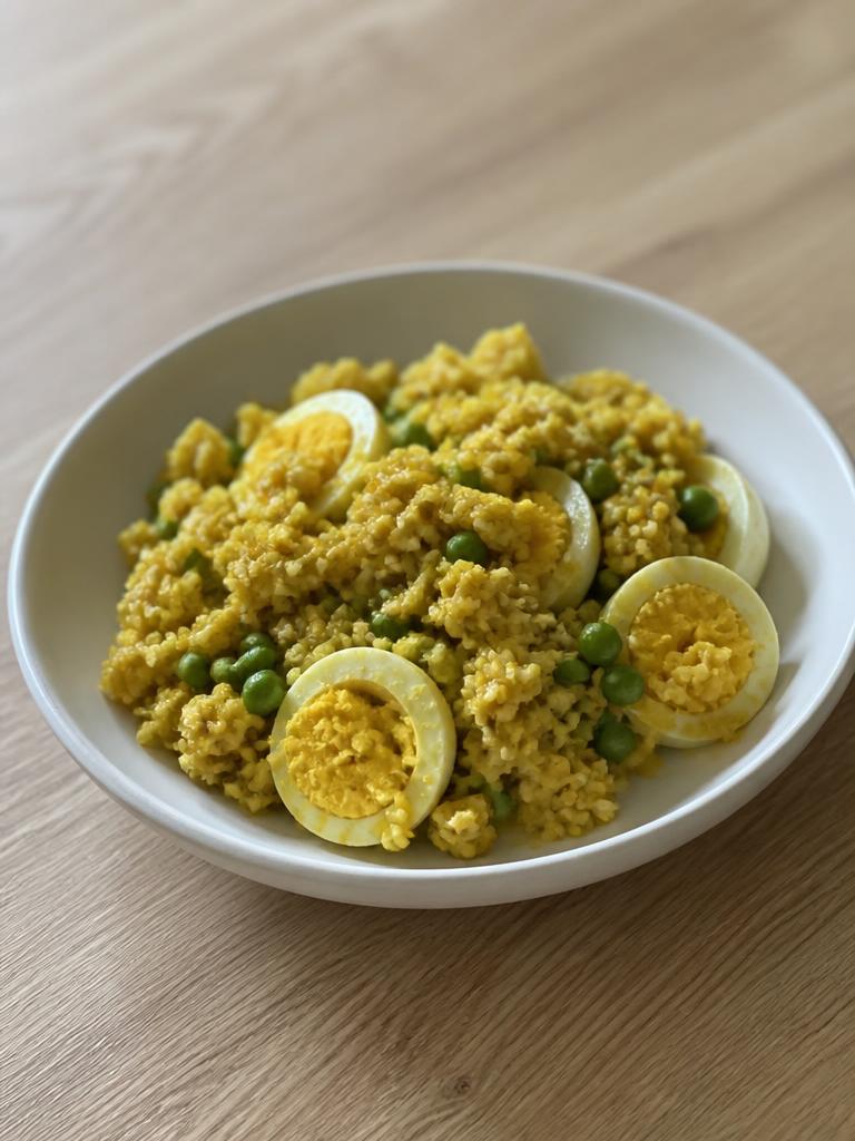 Boîte de riz au curry, œufs durs et petits pois