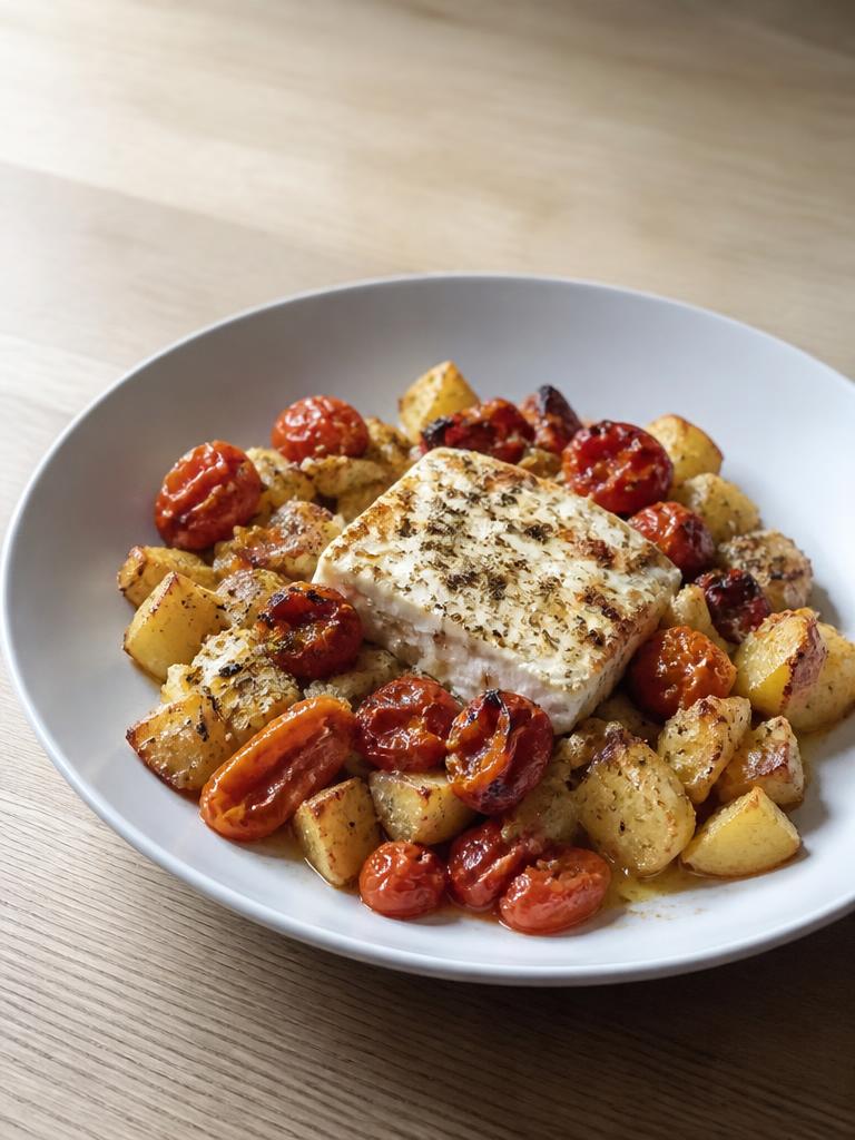 Feta rôtie aux tomates et pommes de terre