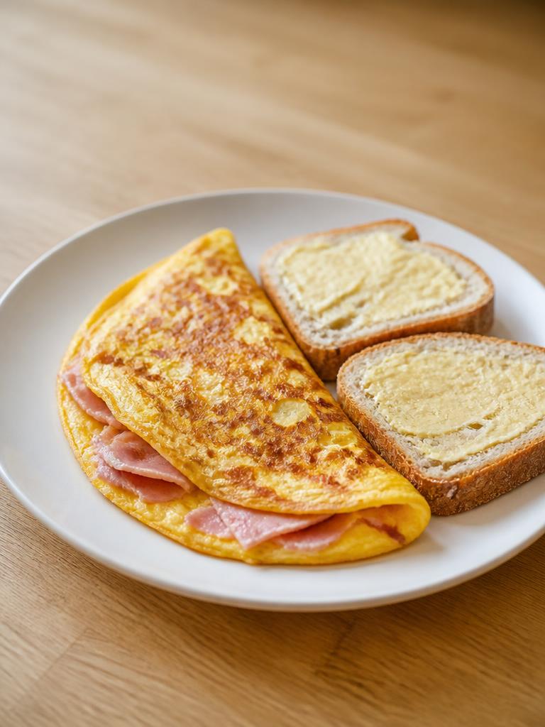 Omelette au jambon et tartines beurrées