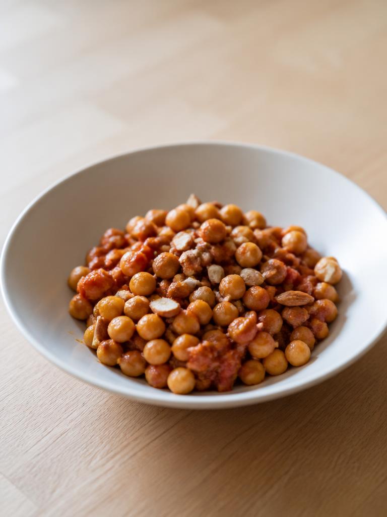 Boîte de pois chiches, tomate et amandes au cumin