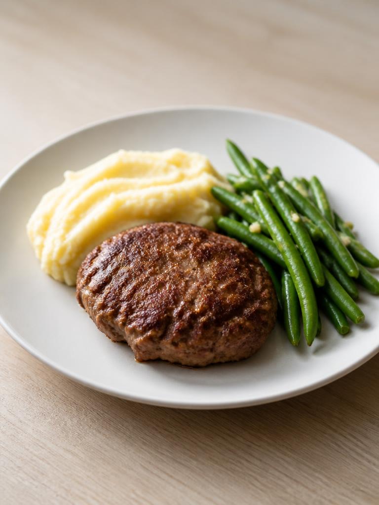 Steak haché, purée et haricots verts