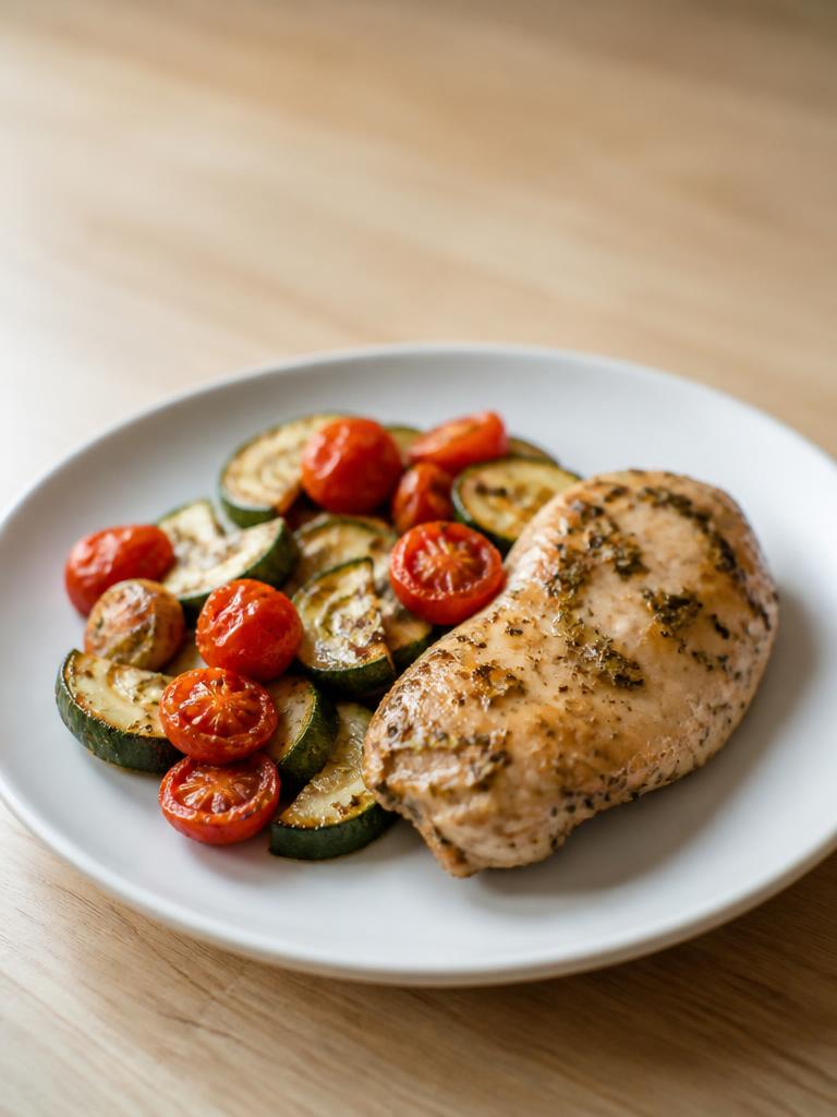 Blanc de poulet, courgettes et tomates cerises au four