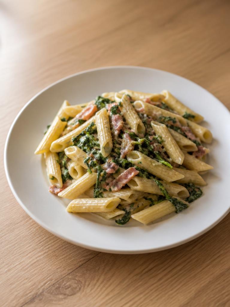 Penne aux lardons et épinards à la crème