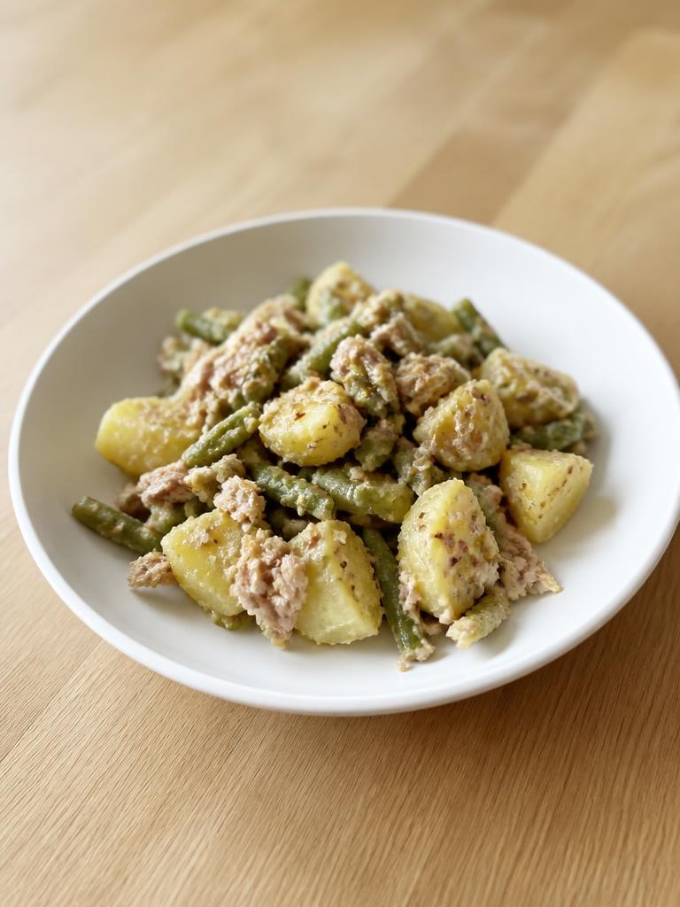 Pommes de terre, haricots verts et thon à la moutarde