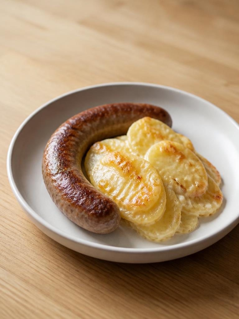 Saucisses de Toulouse, pommes de terre et emmental