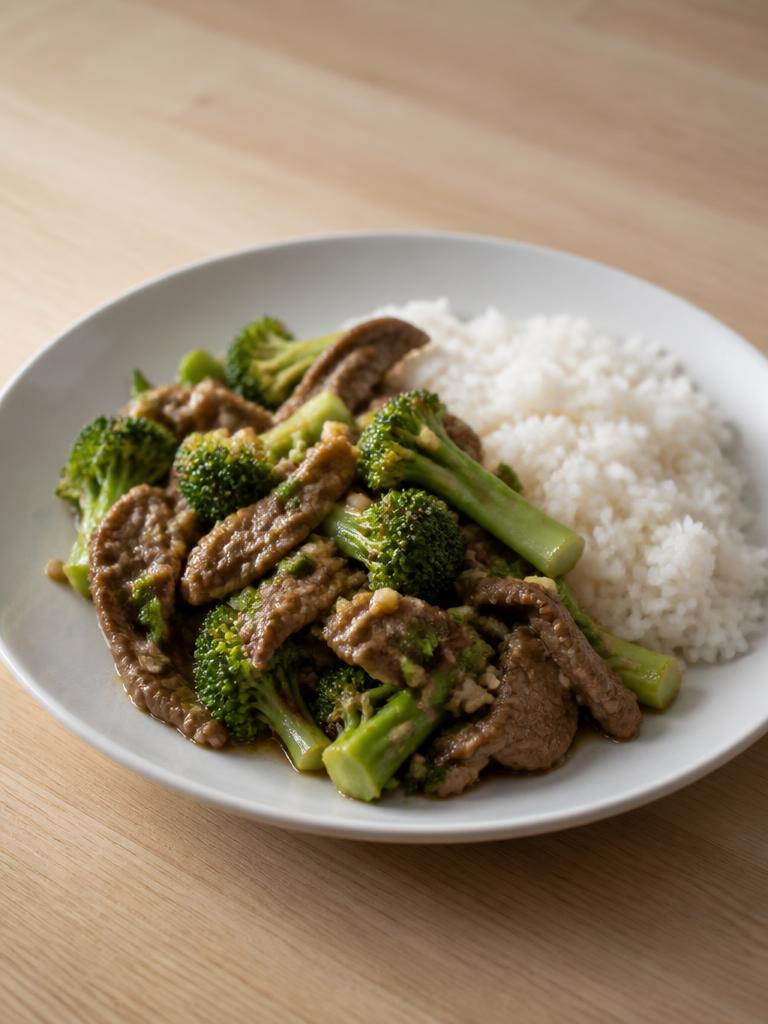 Bœuf sauté aux brocolis, ail et riz