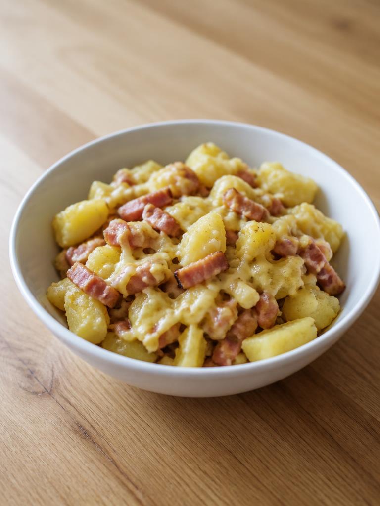 Pommes de terre, lardons et emmental au bol