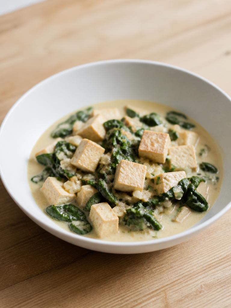 Tofu mijoté au lait de coco et aux épinards