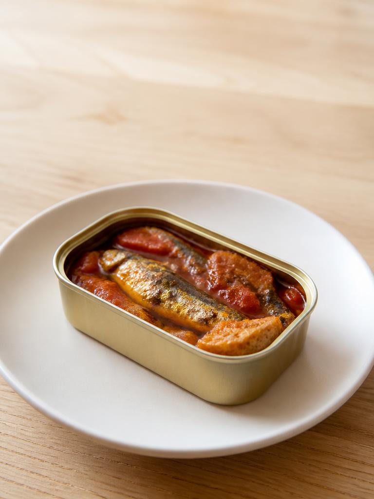 Boîte de pain, sardines et tomate à l'huile
